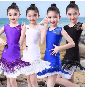 Girls black white royal blue lace fringe latin ballroom dance dresses salsa rumba chacha stage performance costumes for kids